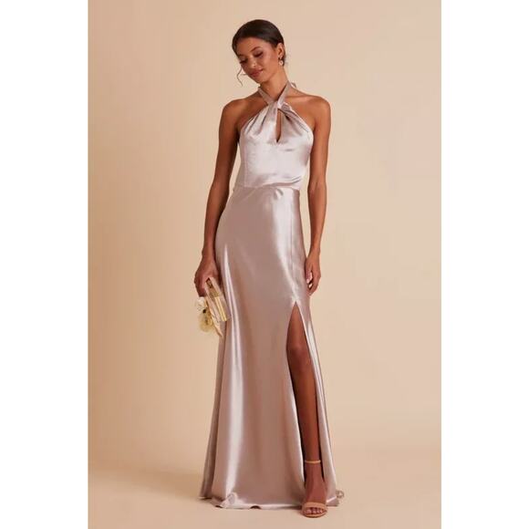 NEW Birdy Grey Monica Halter Satin Bridesmaid Dress in Taupe Size XS Bridesmaid - Picture 1 of 8
